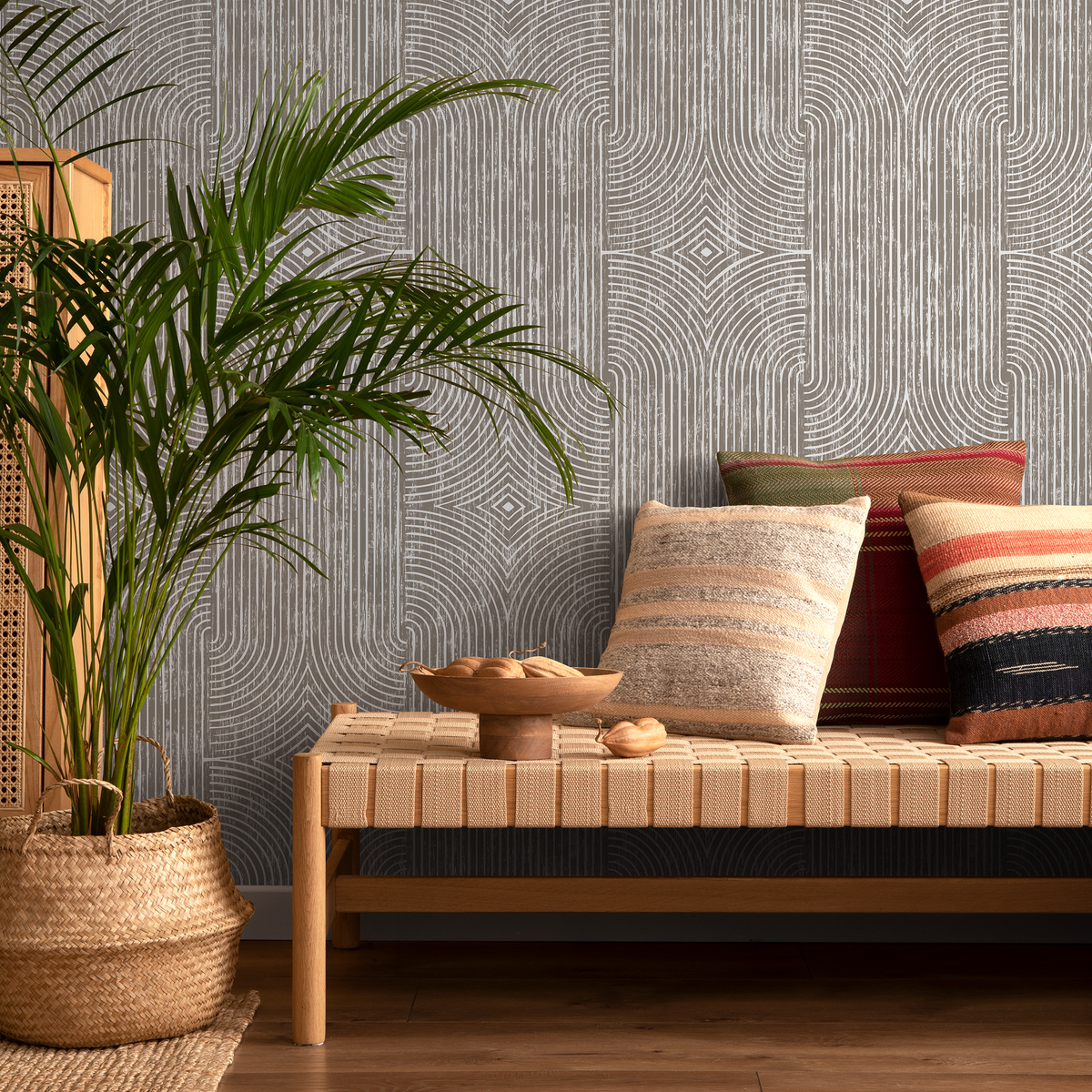 Abstract Wallpaper with Arches in Taupe and White - detail view