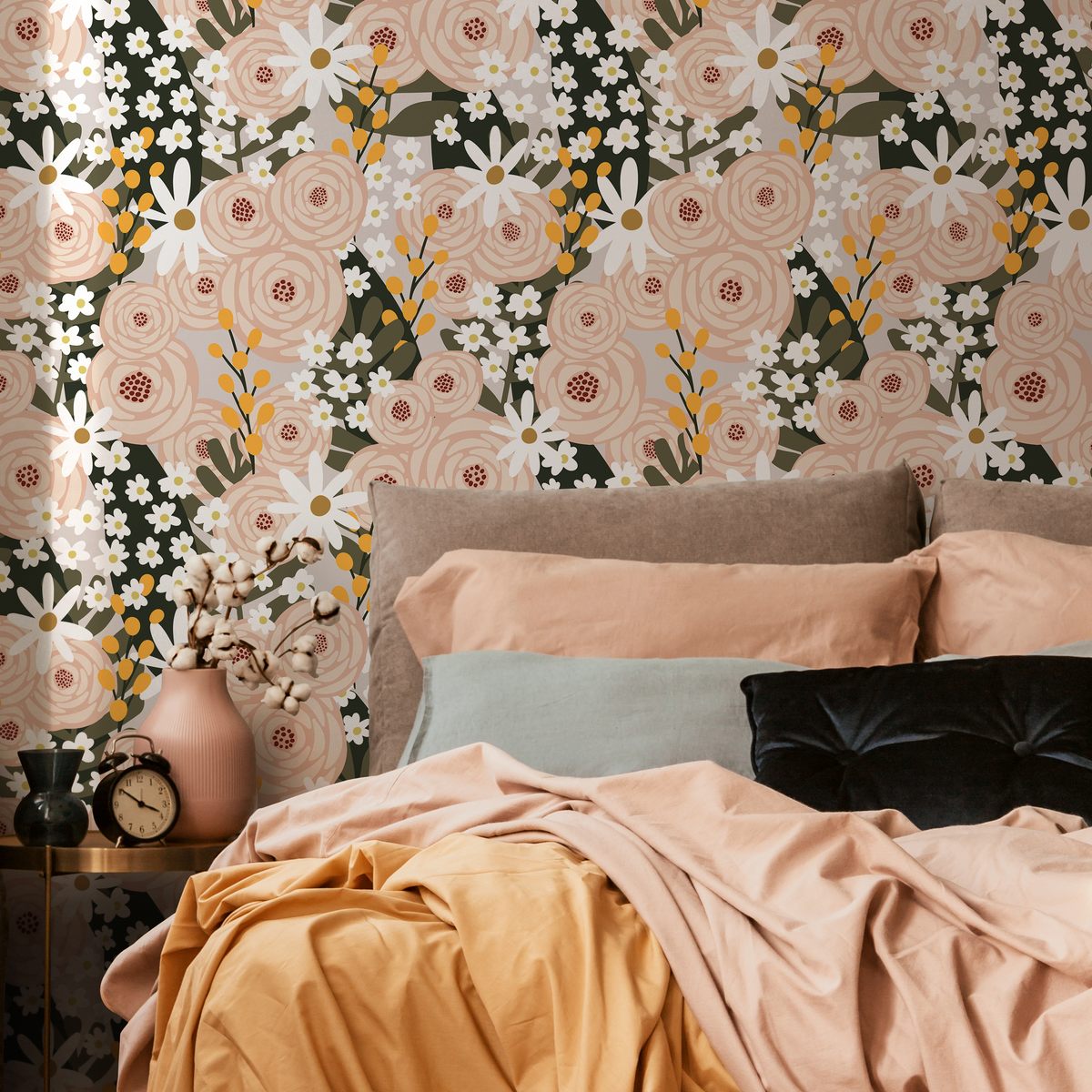Floral Wallpaper with a Garden Motif in Pink, Green, and Yellow - detail view