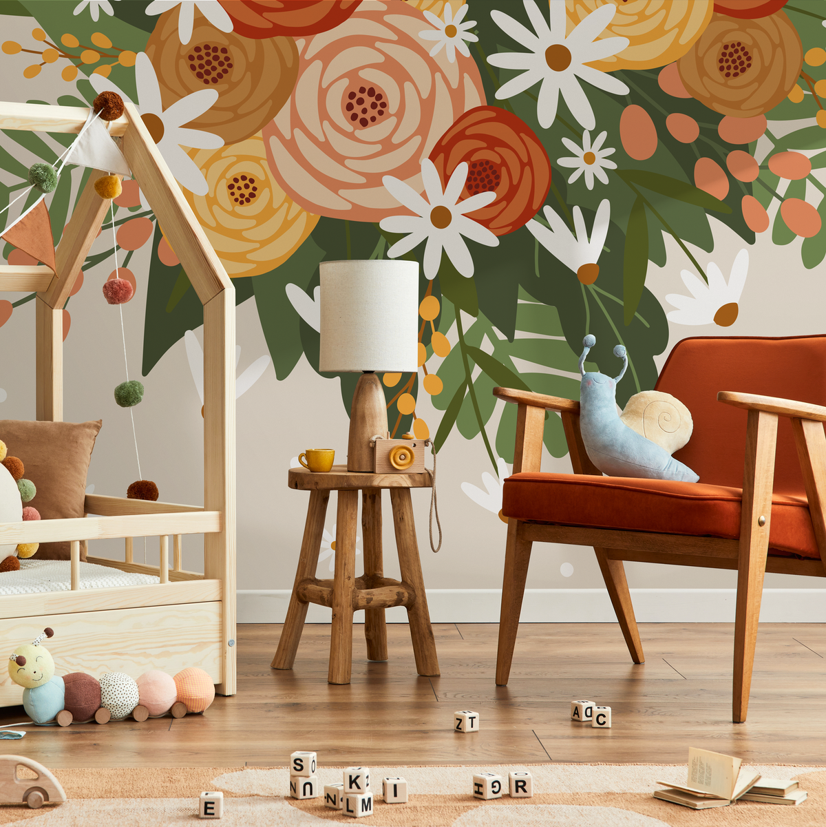 Floral Wallpaper with a Bold Bouquet in Orange, Yellow, and Green - detail view