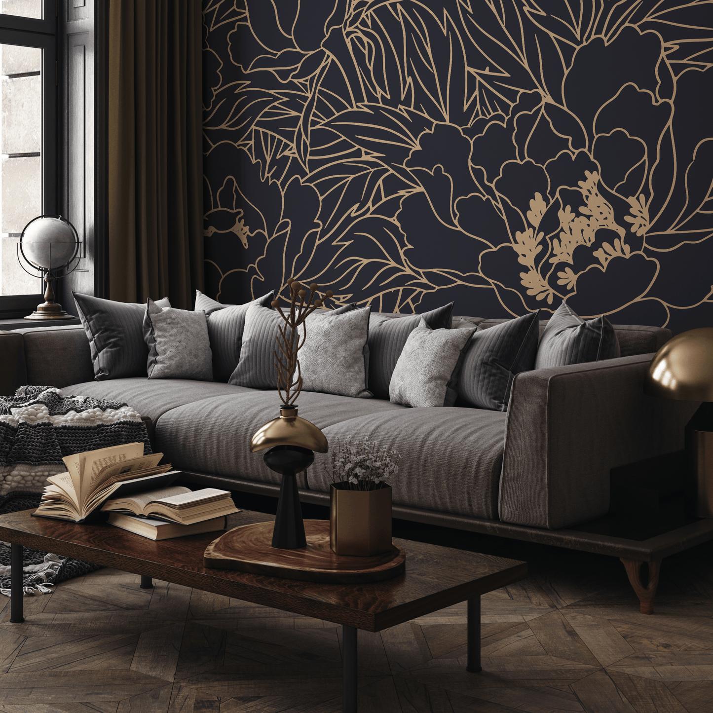 Dark Blue Large Floral Wallpaper / Peel and Stick Wallpaper Removable Wallpaper Home Decor Wall Art Wall Decor Room Decor - C932