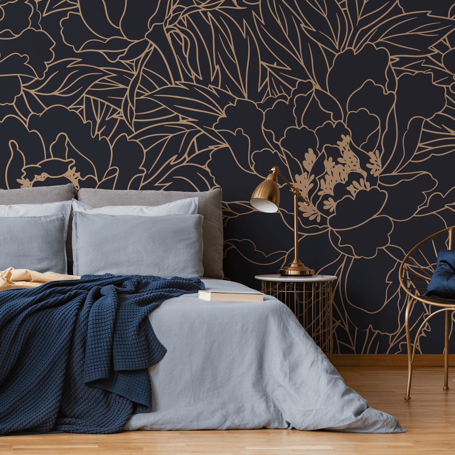 Floral Wallpaper with Elegant Line Art Peonies in Dark Blue and Gold - detail view