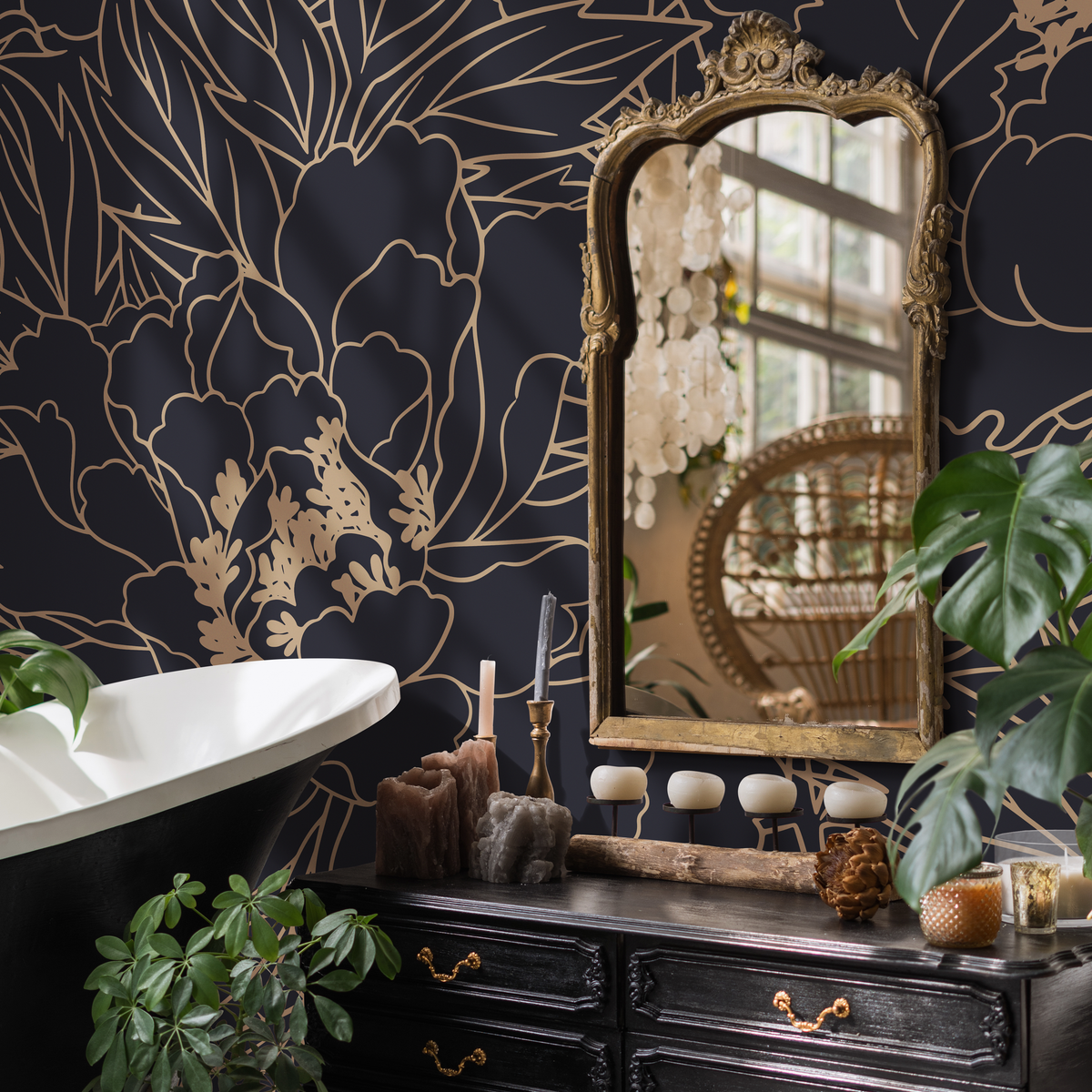 Floral Wallpaper with Elegant Line Art Peonies in Dark Blue and Gold - close-up