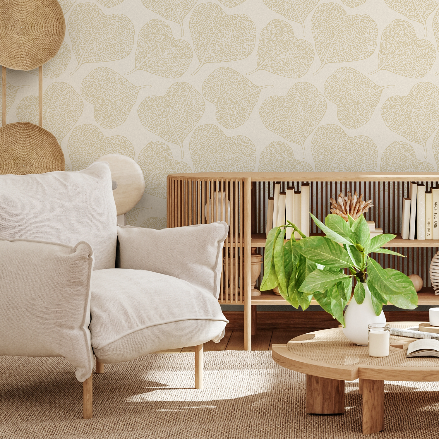 Papel pintado bohemio con hojas neutras / Papel pintado autoadhesivo / Papel pintado extraíble / Decoración del hogar / Arte de pared / Decoración de habitación - C933