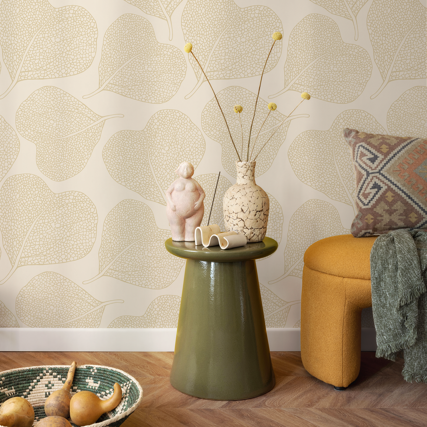 Neutral Leaf Boho Wallpaper / Peel and Stick Wallpaper Removable Wallpaper Home Decor Wall Art Wall Decor Room Decor - C933