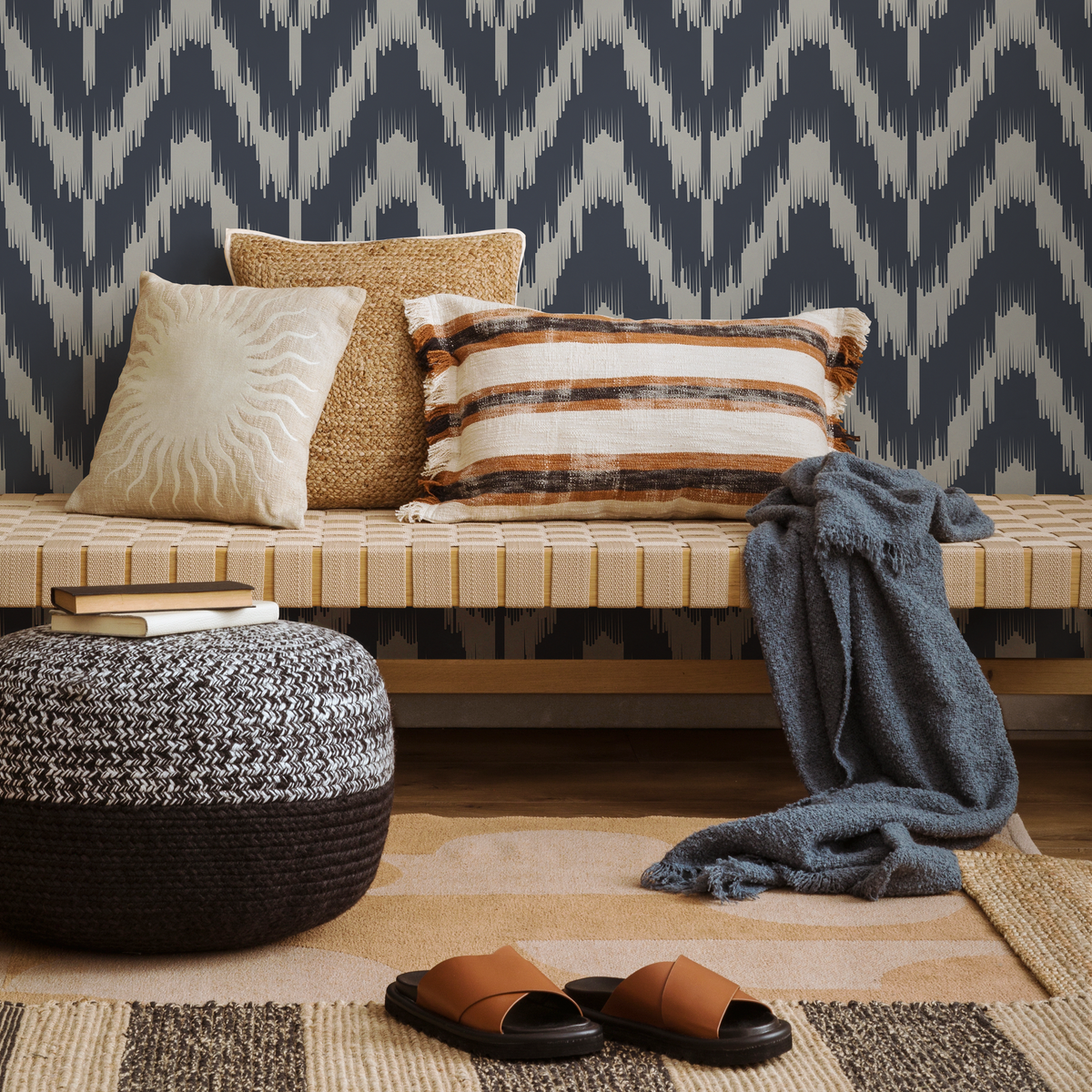 Abstract Wallpaper with an Ikat Chevron Motif in Navy and Gray - detail view