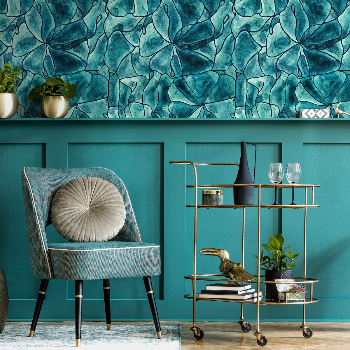 Abstract Floral Wallpaper with a Watercolor Style in Turquoise, Teal, and Black - detail view