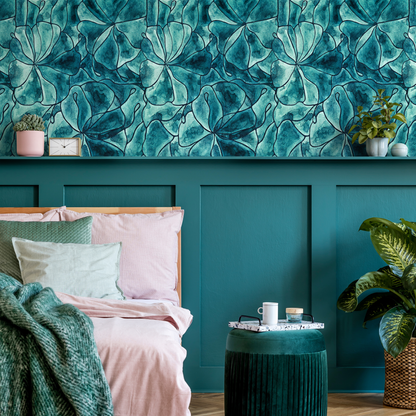 Turquoise Abstract Floral Wallpaper / Peel and Stick Wallpaper Removable Wallpaper Home Decor Wall Art Wall Decor Room Decor -C936