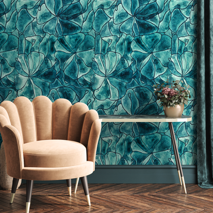 Turquoise Abstract Floral Wallpaper / Peel and Stick Wallpaper Removable Wallpaper Home Decor Wall Art Wall Decor Room Decor -C936