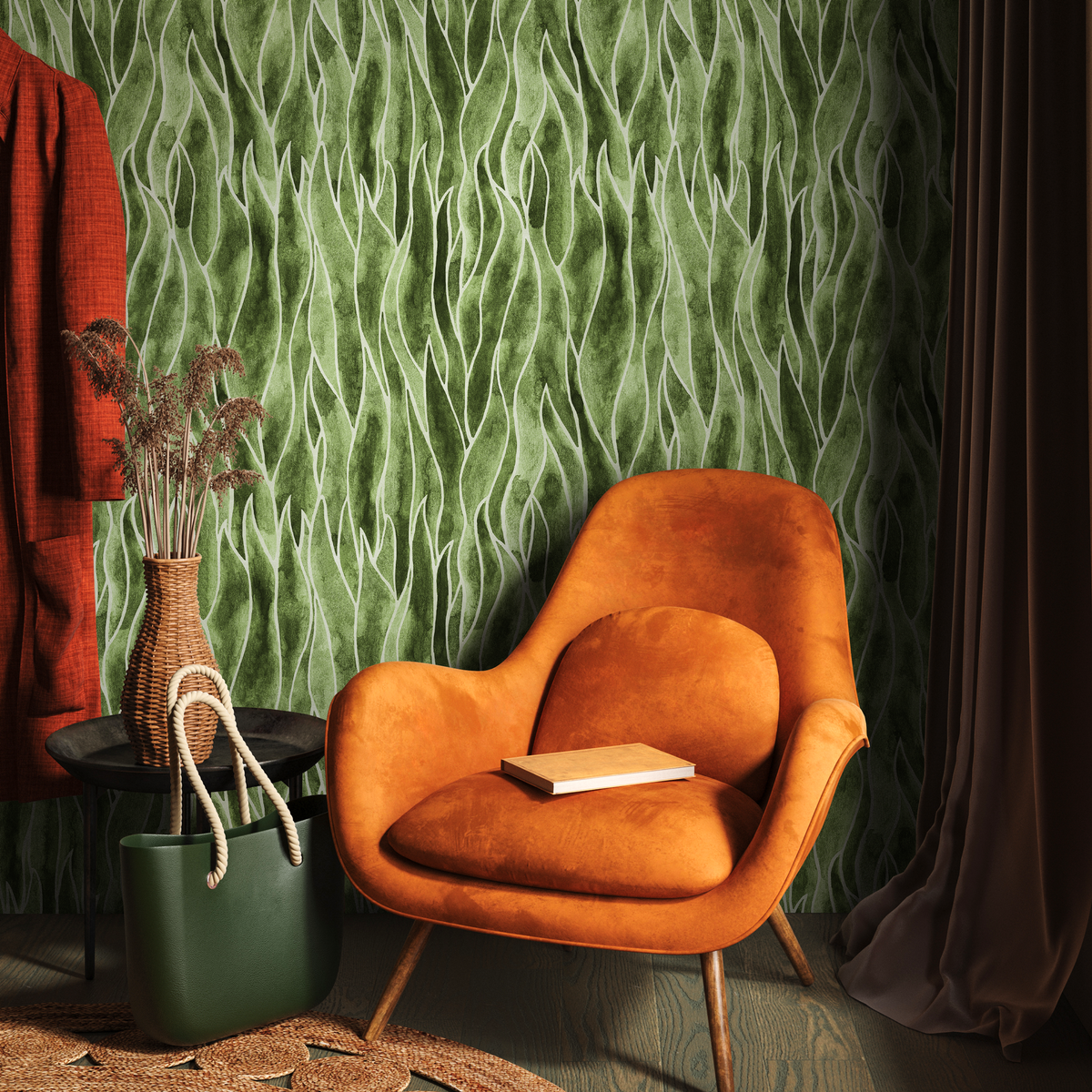 Abstract Wallpaper with a Flowing Seaweed Motif in Olive Green and White - detail view