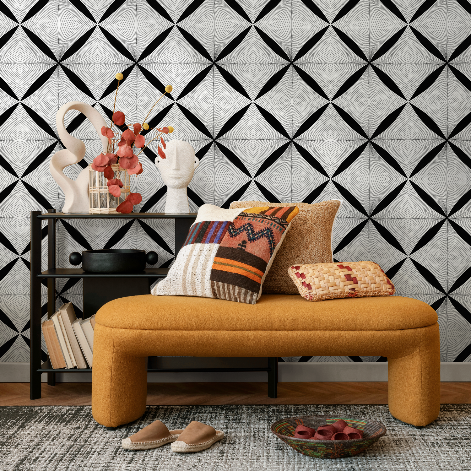 Papier peint géométrique noir et blanc / Papier peint autocollant amovible Décoration d'intérieur Art mural Décoration murale Décoration de chambre -C939