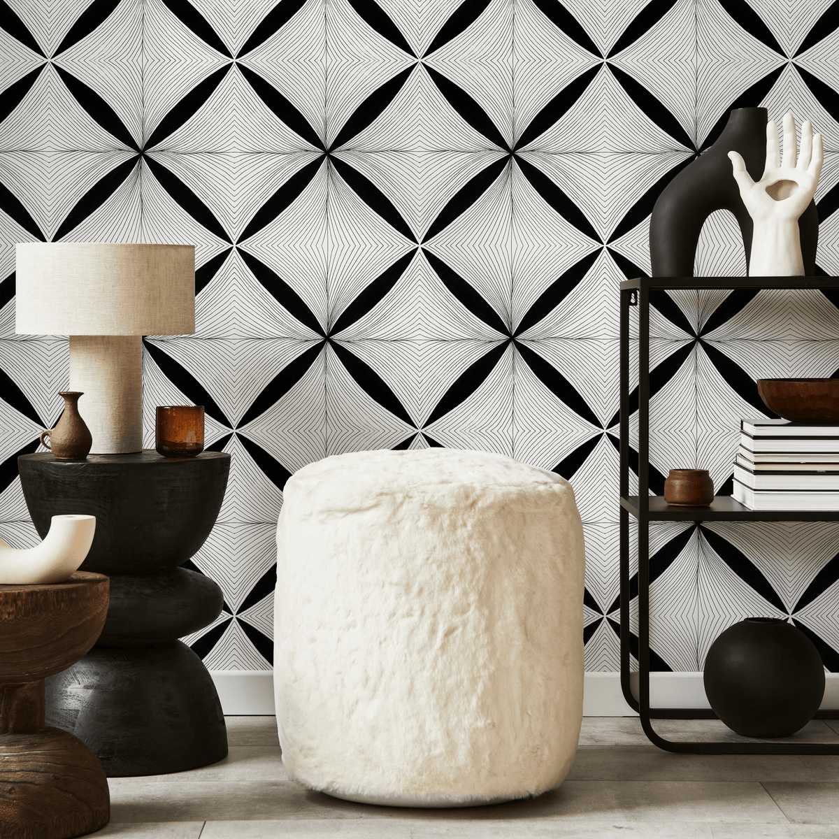 Geometric Wallpaper with a Fine Line Diamond Motif in Black and White - detail view