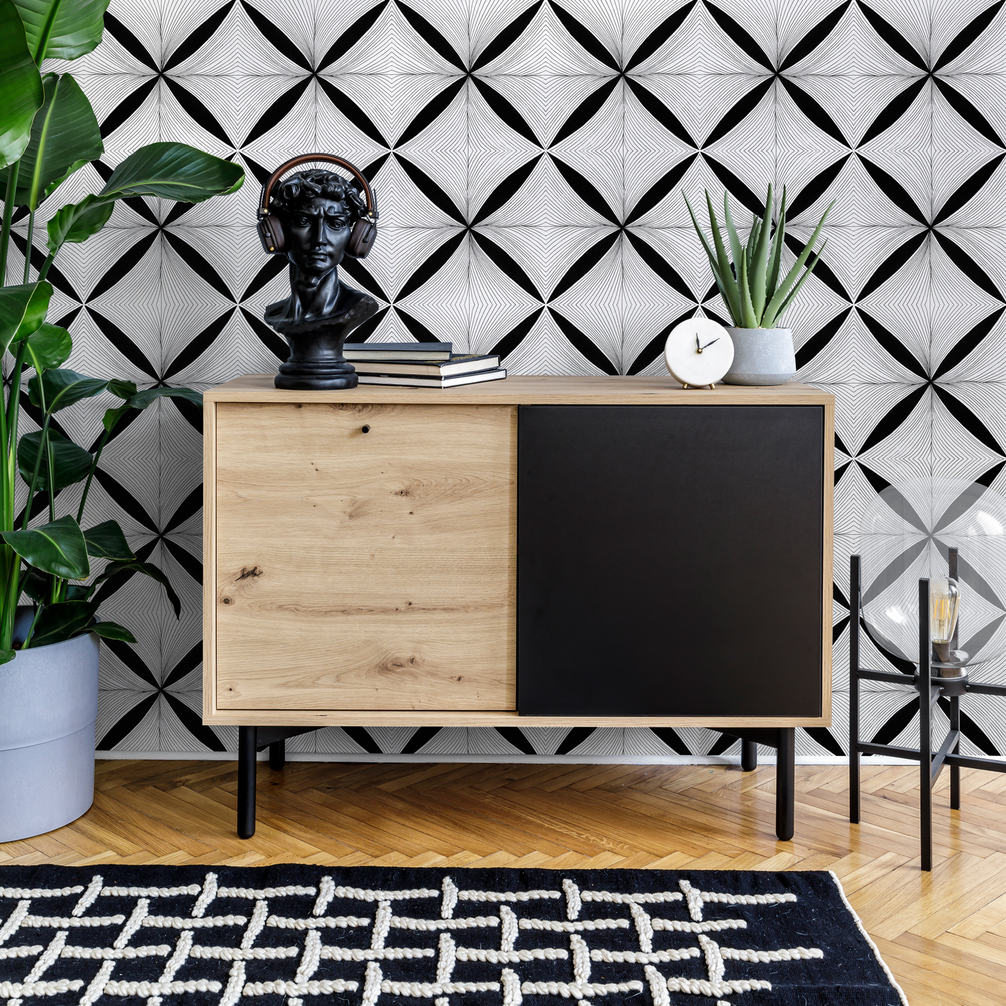 Black and White Geometric Wallpaper / Peel and Stick Wallpaper Removable Wallpaper Home Decor Wall Art Wall Decor Room Decor -C939