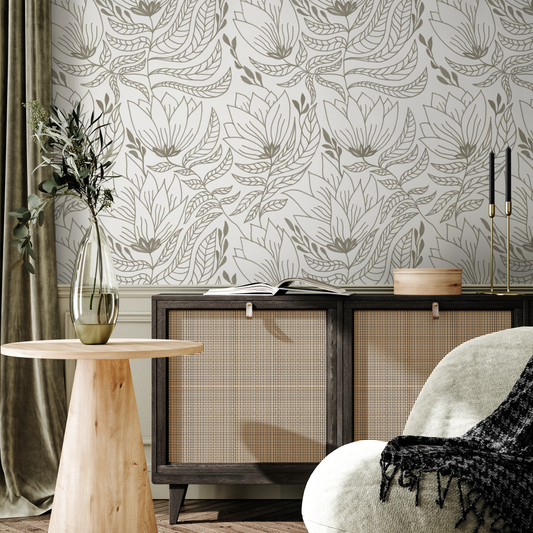 Floral and Leaf Boho Wallpaper / Peel and Stick Wallpaper Removable Wallpaper Home Decor Wall Art Wall Decor Room Decor - C941