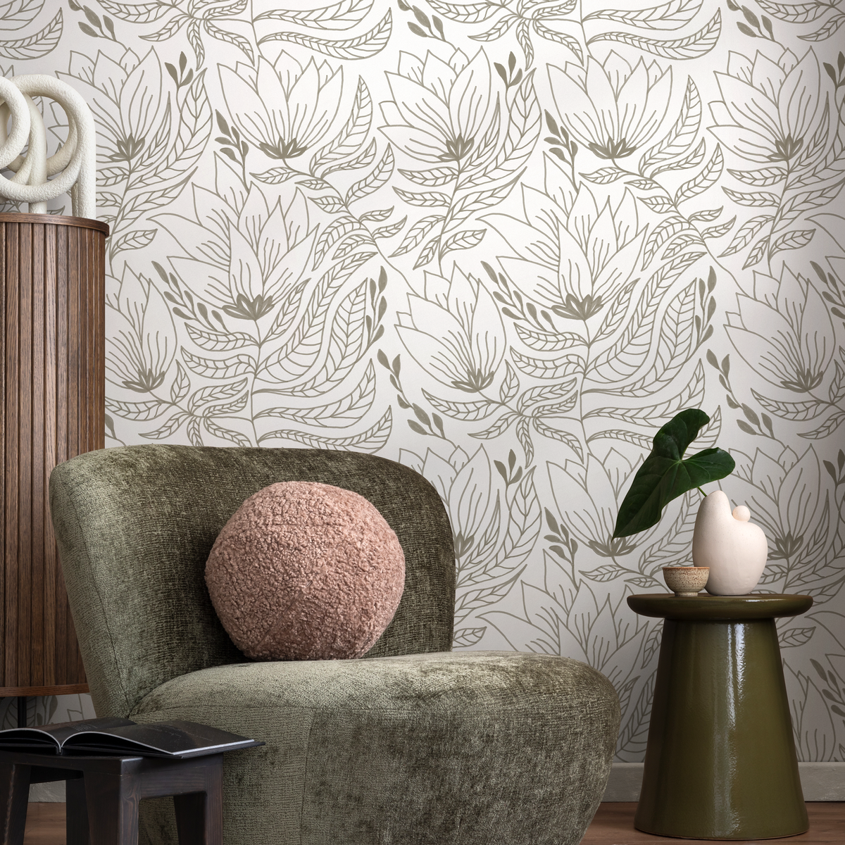 Botanical Wallpaper with a Line Art Floral Motif in Taupe - detail view