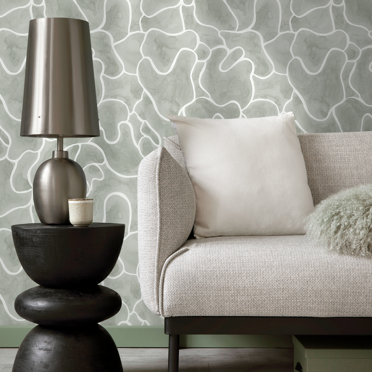 Abstract Wallpaper with Organic Fluid Lines in Sage Gray and White - detail view