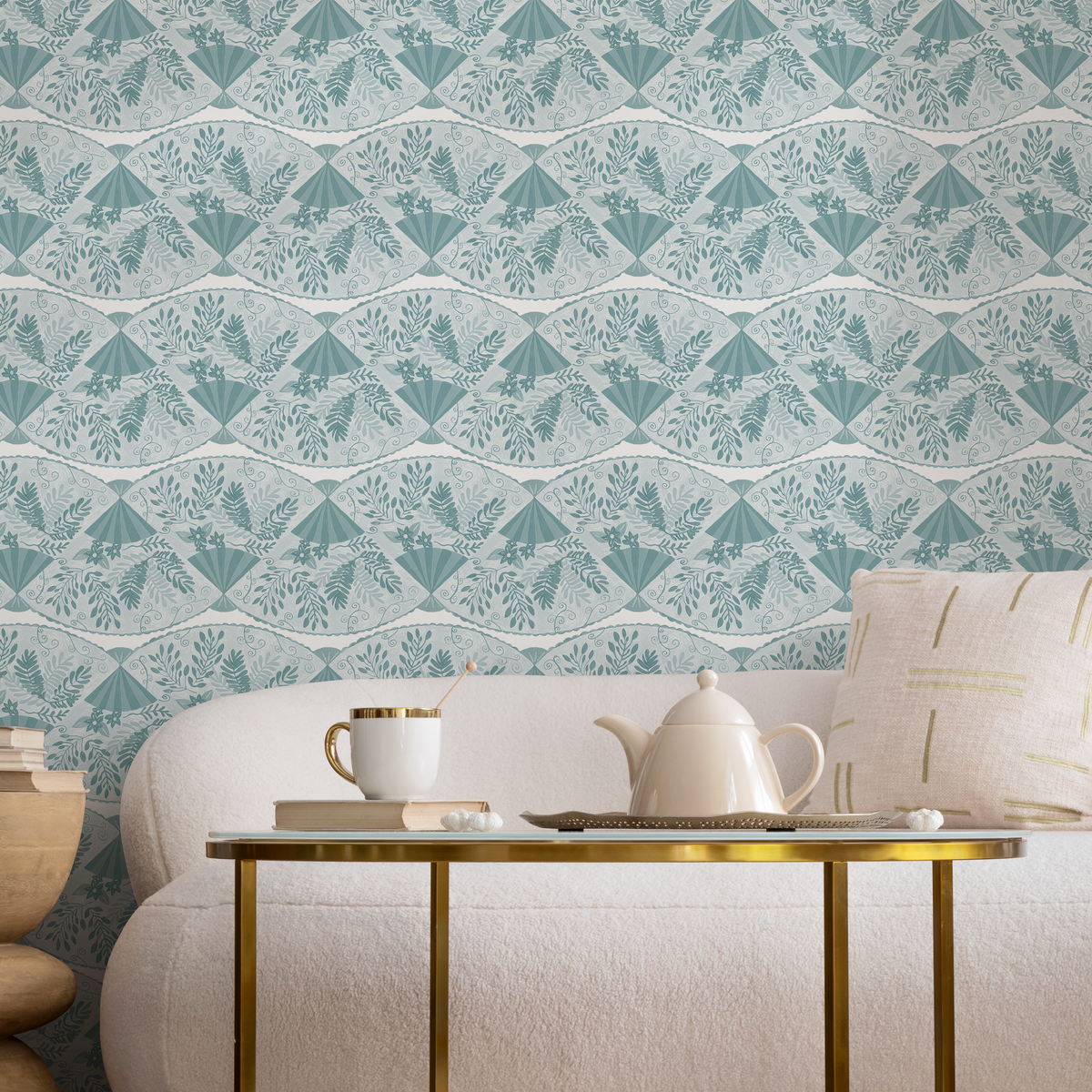 Boho Wallpaper with a Floral Fan Motif in Light Teal and White - detail view