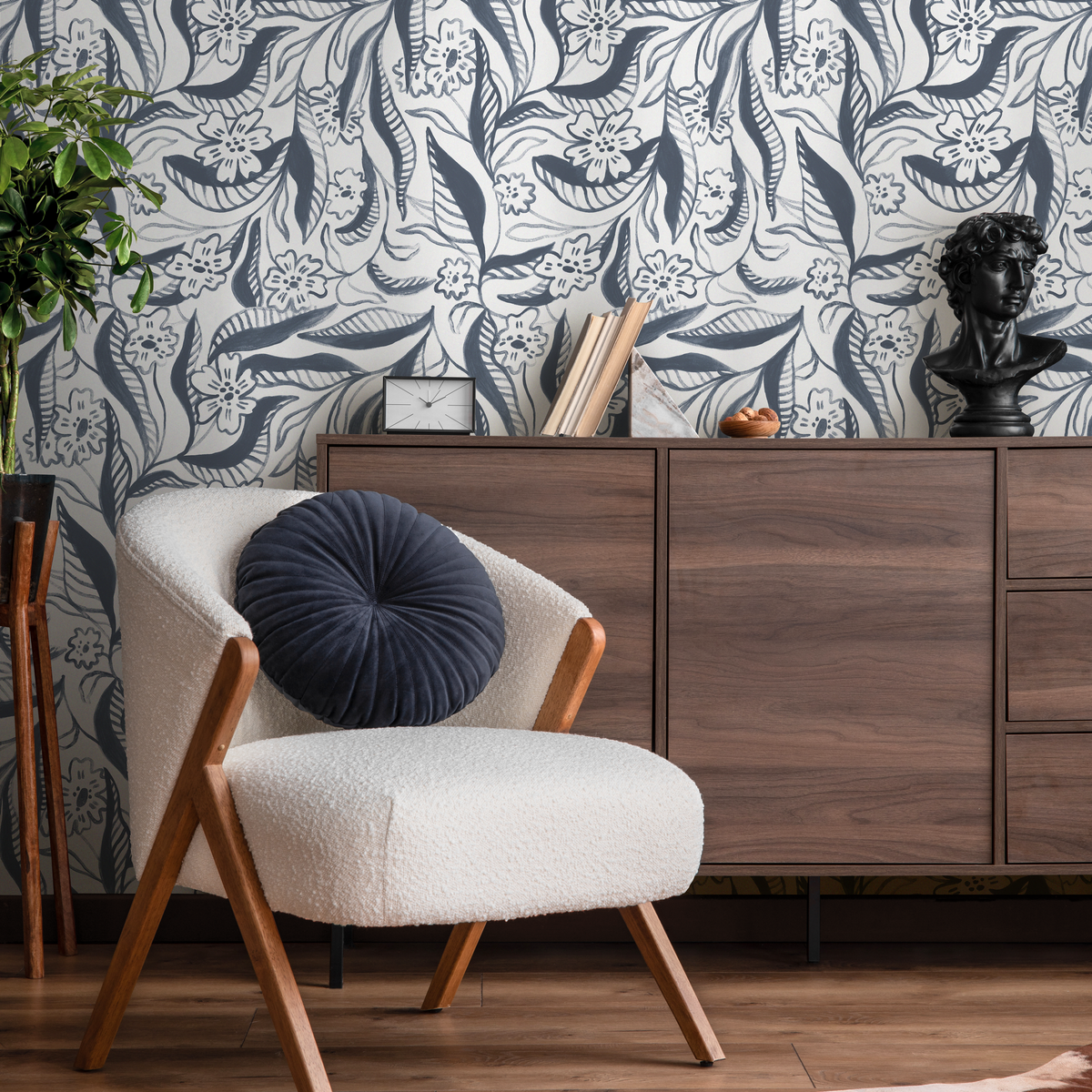 Floral Wallpaper Featuring Painterly Blooms in Navy Blue and White - detail view