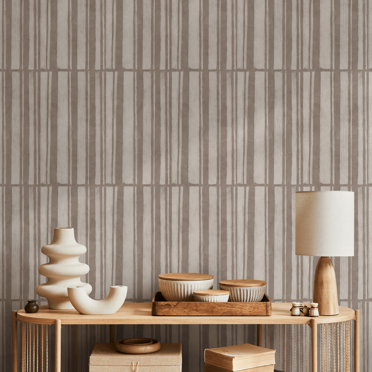 Abstract Wallpaper with Hand-Drawn Vertical Stripes in Beige and Taupe - detail view
