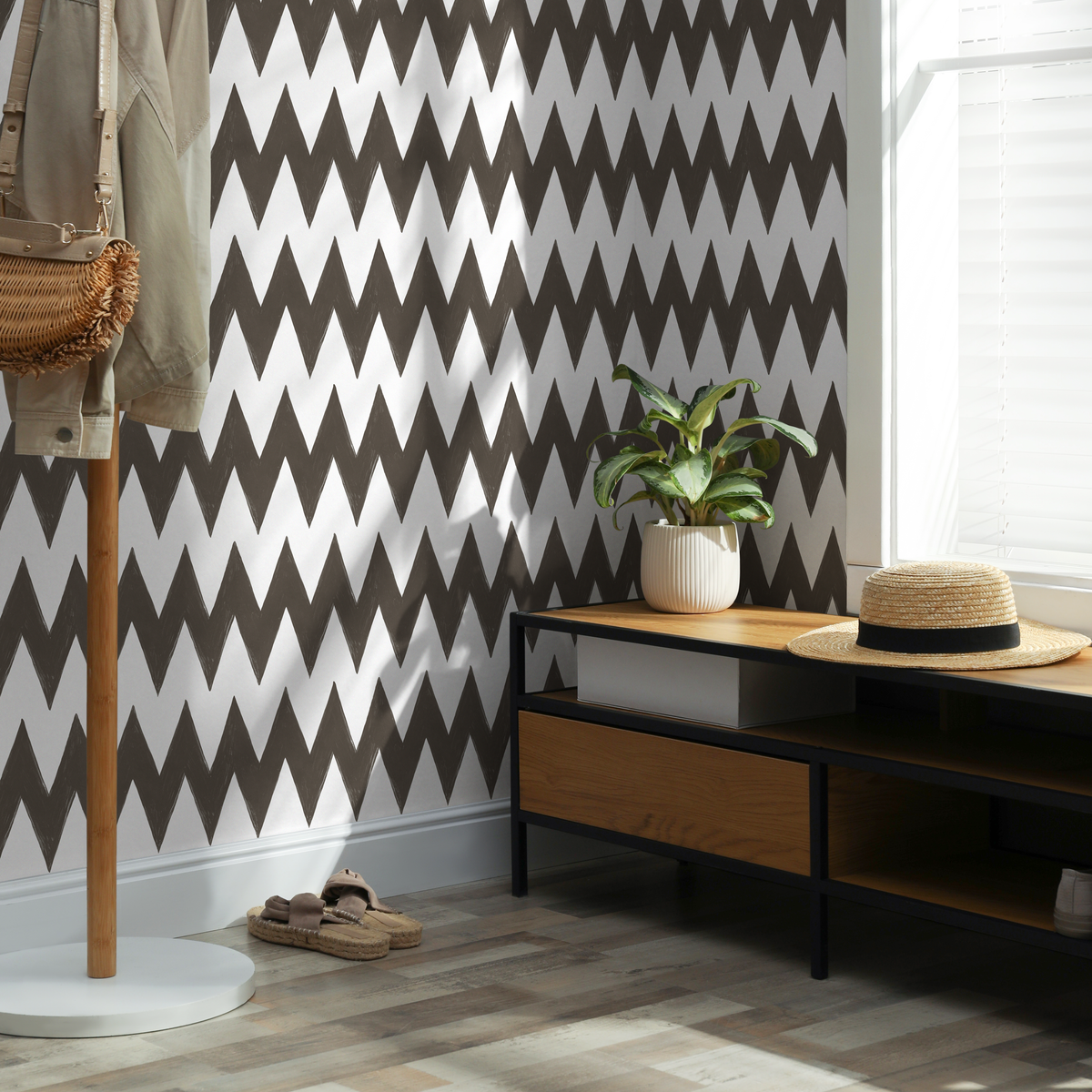 Boho Wallpaper with a Hand-Drawn Chevron Style in Brown - detail view