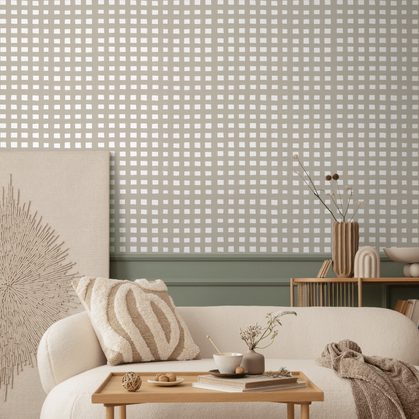 Beige Boho Gingham Wallpaper / Peel and Stick Wallpaper Removable Wallpaper Home Decor Wall Art Wall Decor Room Decor - C952