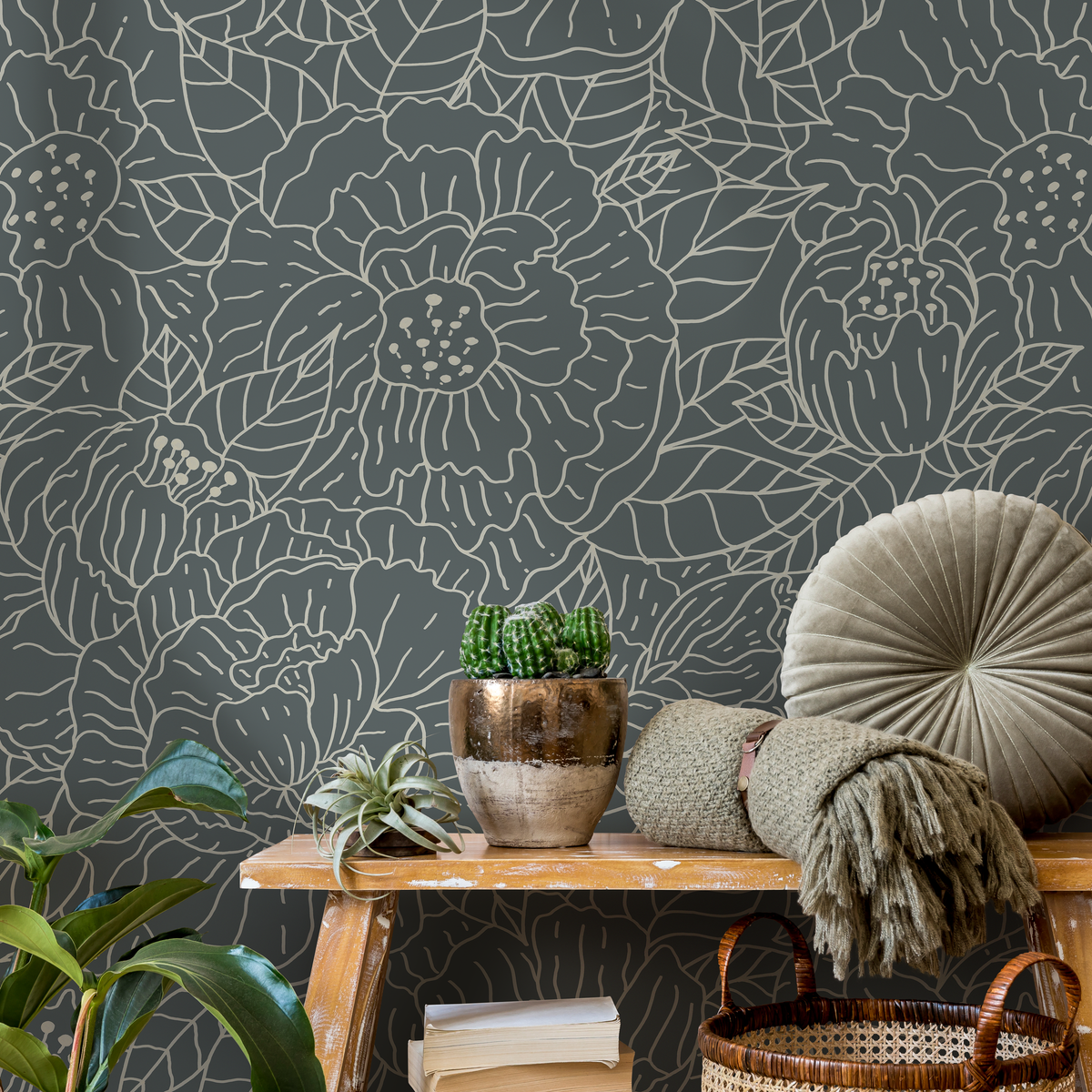 Floral Wallpaper with Line Art Blooms in Slate Green and Beige - detail view