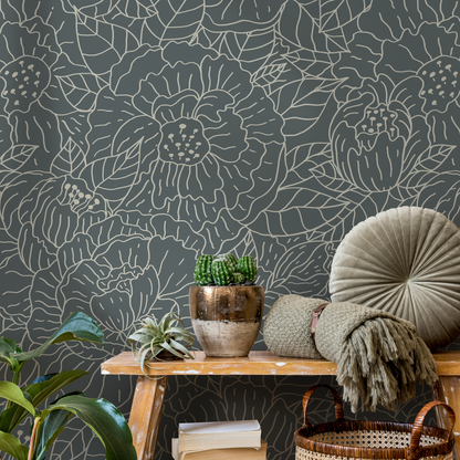 Dark Floral and Leaf Wallpaper / Peel and Stick Wallpaper Removable Wallpaper Home Decor Wall Art Wall Decor Room Decor - C954