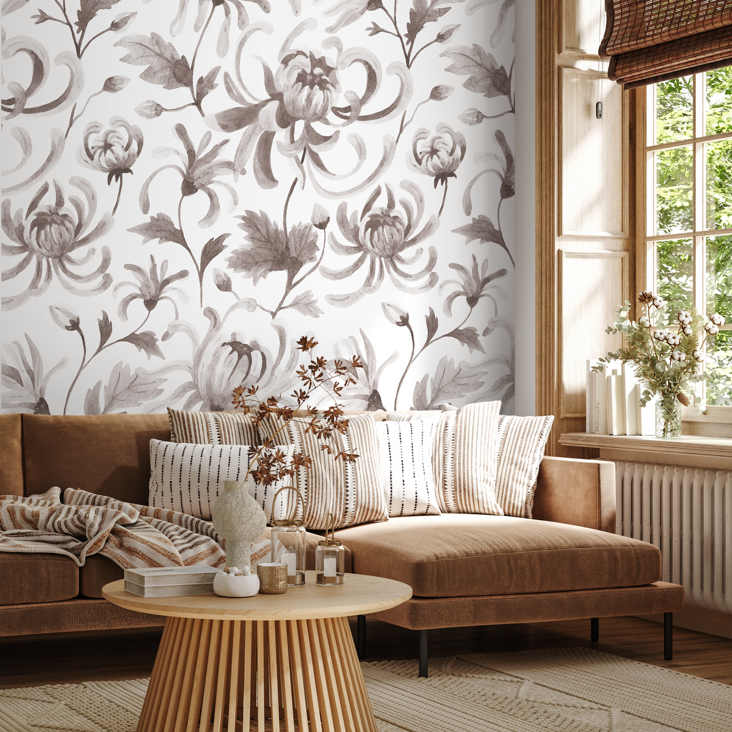 Papel pintado floral vintage gris / Papel pintado autoadhesivo, papel pintado extraíble, decoración del hogar, arte de pared, decoración de habitaciones - C955