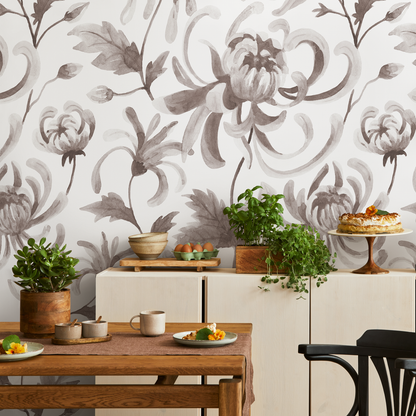 Gray Vintage Floral Wallpaper / Peel and Stick Wallpaper Removable Wallpaper Home Decor Wall Art Wall Decor Room Decor - C955