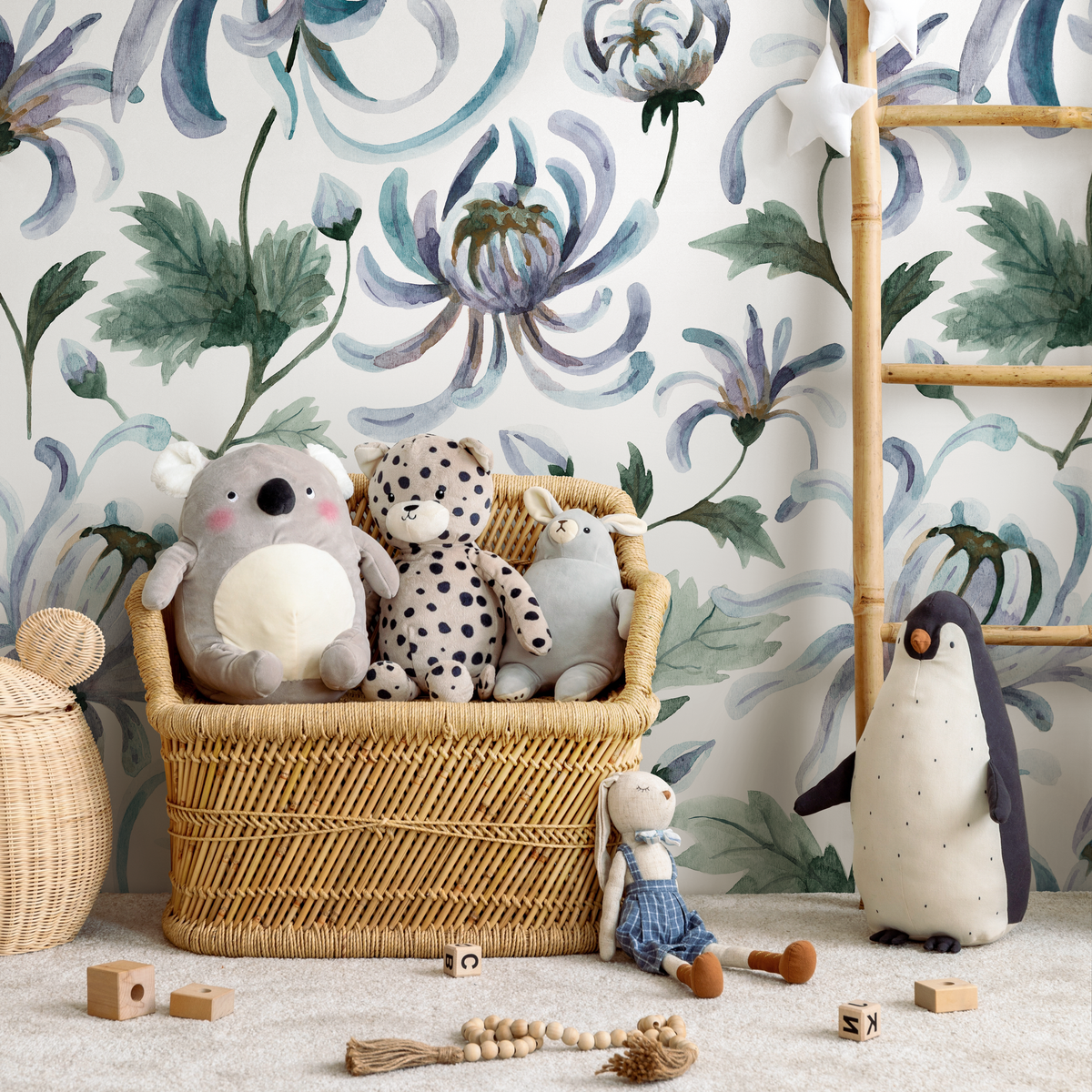 Floral Wallpaper Featuring Watercolor Chrysanthemums in Blue, Purple, and Green - detail view