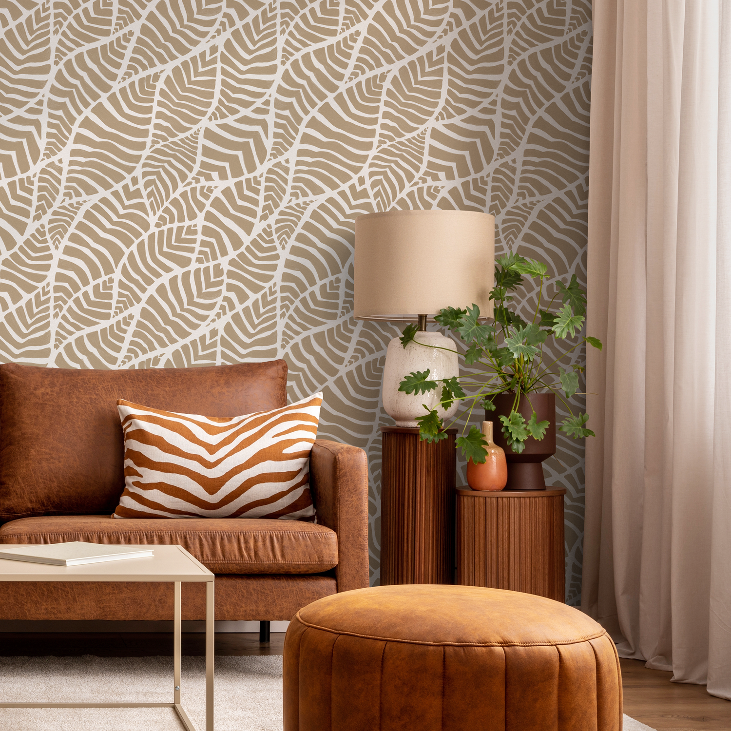 Papel pintado bohemio beige con hojas abstractas. Papel pintado autoadhesivo. Papel pintado extraíble. Decoración del hogar. Arte de pared. Decoración de habitación. C958