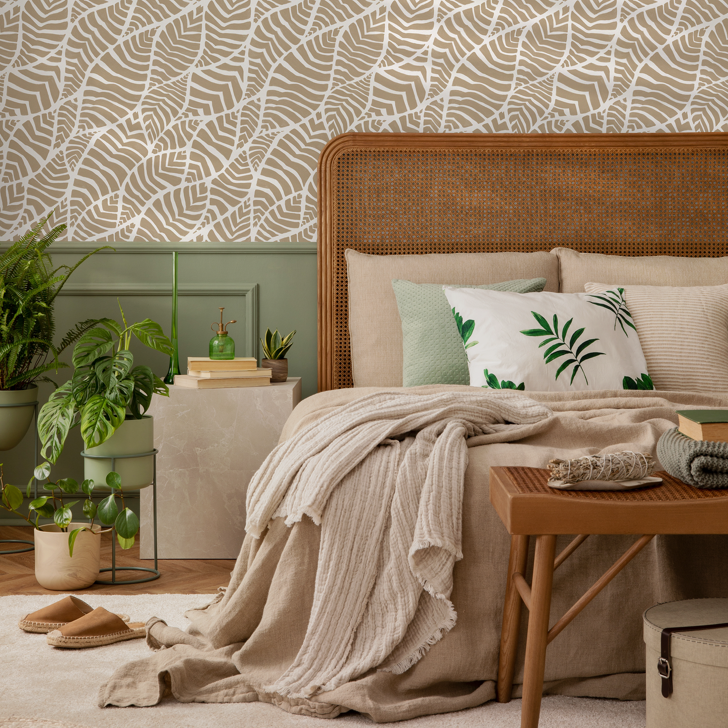 Beige Boho Abstract Leaf Wallpaper / Peel and Stick Wallpaper Removable Wallpaper Home Decor Wall Art Wall Decor Room Decor - C958