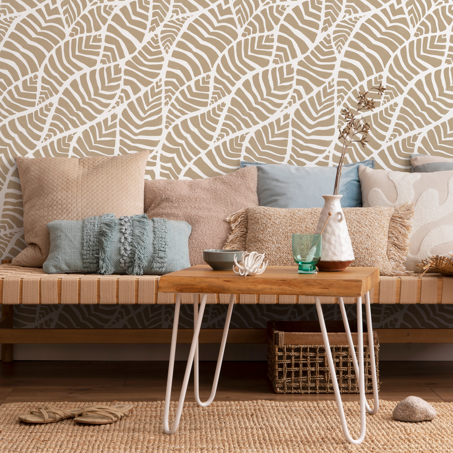 Beige Boho Abstract Leaf Wallpaper / Peel and Stick Wallpaper Removable Wallpaper Home Decor Wall Art Wall Decor Room Decor - C958