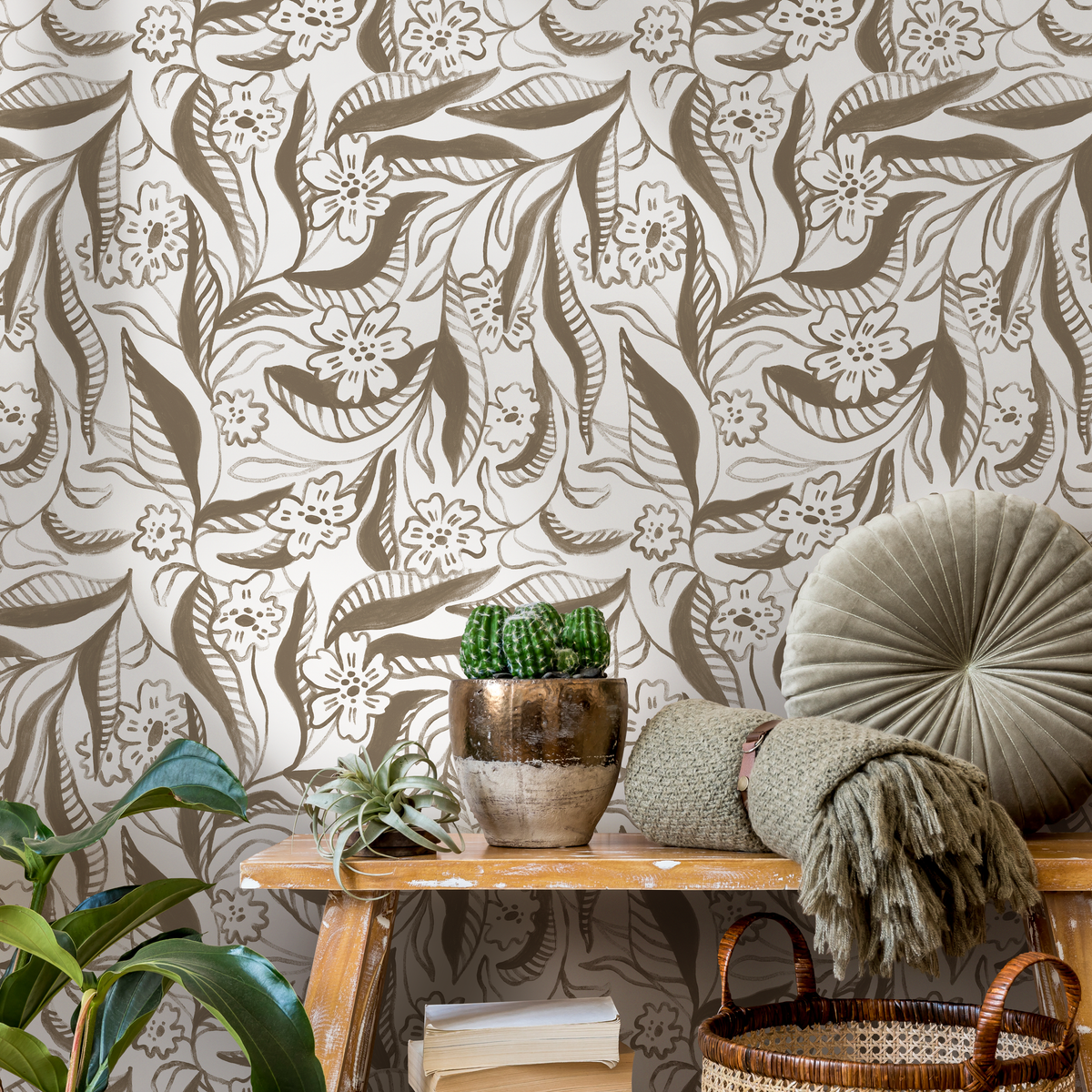Floral Wallpaper Featuring Brushed Floral Vines in Beige and Brown - detail view
