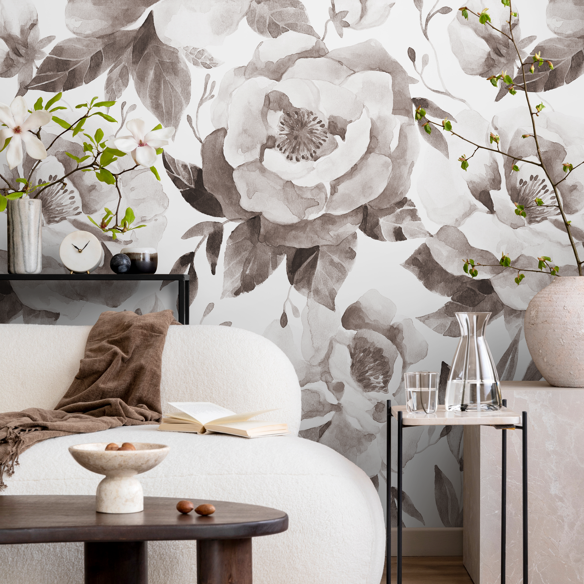 Floral Wallpaper with a Watercolor Peony Motif in Tan and Brown - detail view