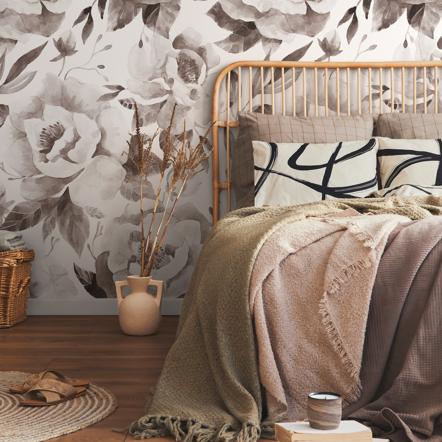 Tan Floral Wallpaper / Peel and Stick Wallpaper Removable Wallpaper Home Decor Wall Art Wall Decor Room Decor - C960