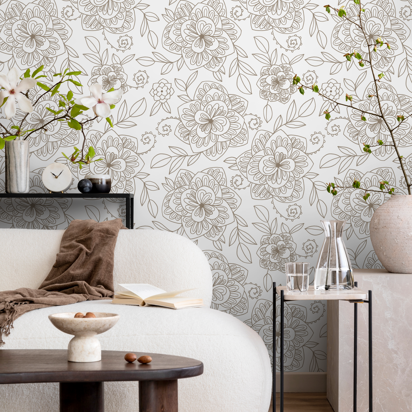 Beige Boho Floral Wallpaper / Peel and Stick Wallpaper Removable Wallpaper Home Decor Wall Art Wall Decor Room Decor - C962