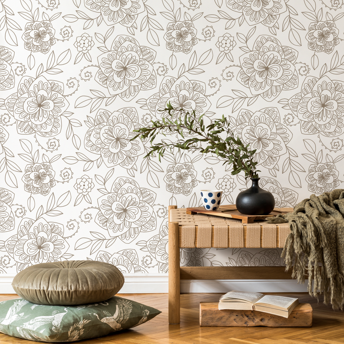 Boho Wallpaper with a Delicate Floral Line Art in Beige - detail view