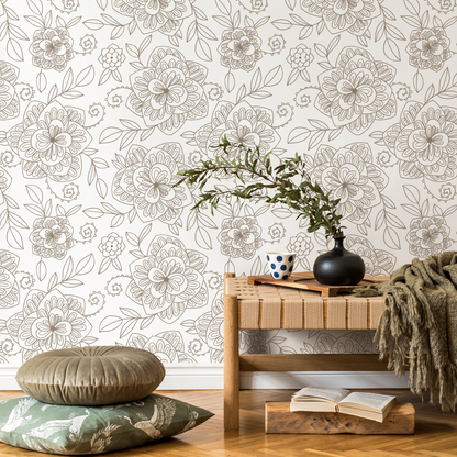 Beige Boho Floral Wallpaper / Peel and Stick Wallpaper Removable Wallpaper Home Decor Wall Art Wall Decor Room Decor - C962