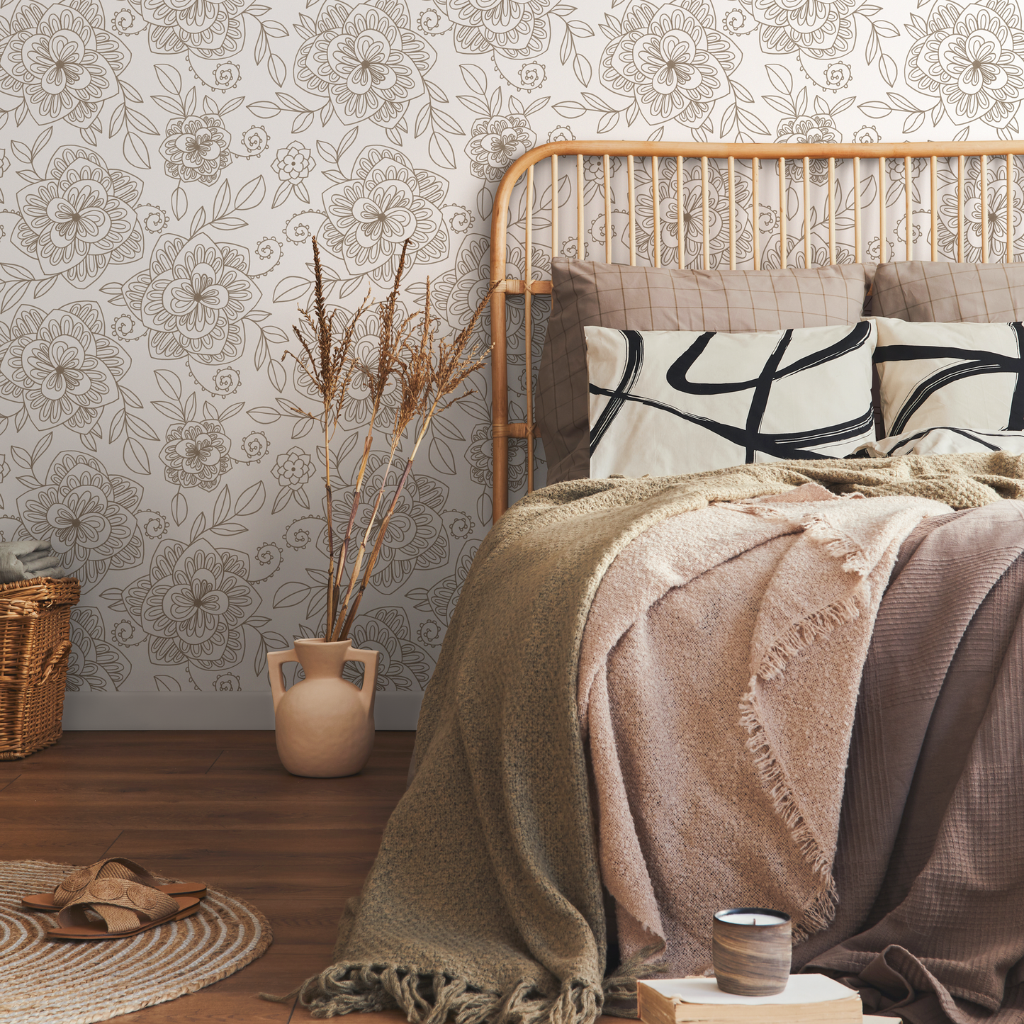 Beige Boho Floral Wallpaper / Peel and Stick Wallpaper Removable Wallpaper Home Decor Wall Art Wall Decor Room Decor - C962