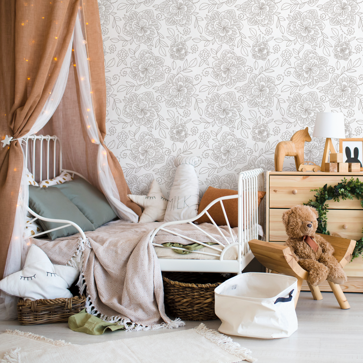 Floral Wallpaper Featuring Stylized Floral Linework in Taupe - detail view