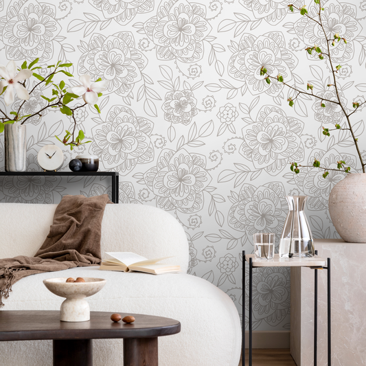 Neutral Boho Floral Wallpaper / Peel and Stick Wallpaper Removable Wallpaper Home Decor Wall Art Wall Decor Room Decor - C963