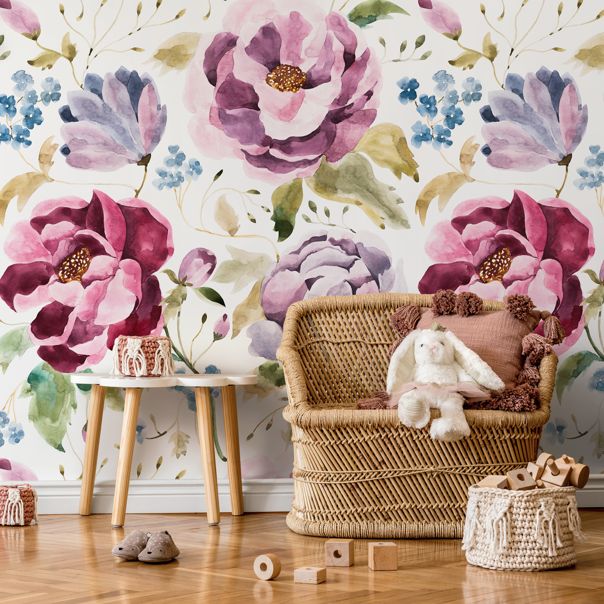 Floral Wallpaper Featuring Watercolor Roses in Pink, Purple, and Blue - detail view