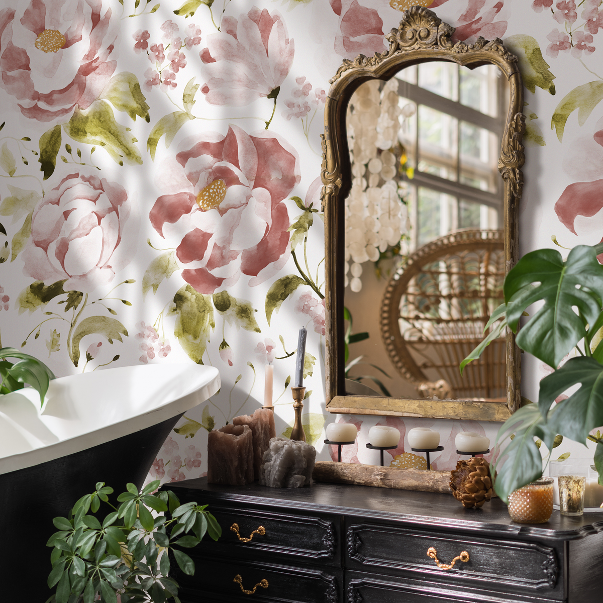 Floral Wallpaper with a Watercolor Peony Motif in Pink and Green - detail view