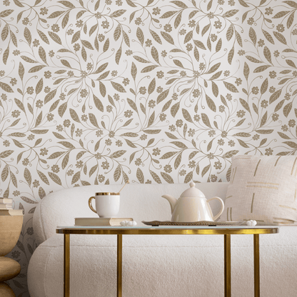 Beige Floral Garden Wallpaper / Peel and Stick Wallpaper Removable Wallpaper Home Decor Wall Art Wall Decor Room Decor - C968