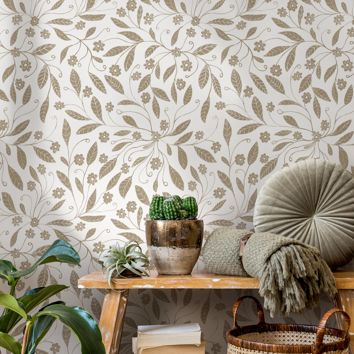 Floral Garden Wallpaper with Delicate Trailing Vines in Taupe - detail view
