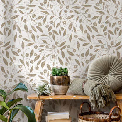 Beige Floral Garden Wallpaper / Peel and Stick Wallpaper Removable Wallpaper Home Decor Wall Art Wall Decor Room Decor - C968