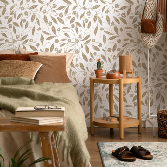 Beige Floral Garden Wallpaper / Peel and Stick Wallpaper Removable Wallpaper Home Decor Wall Art Wall Decor Room Decor - C968