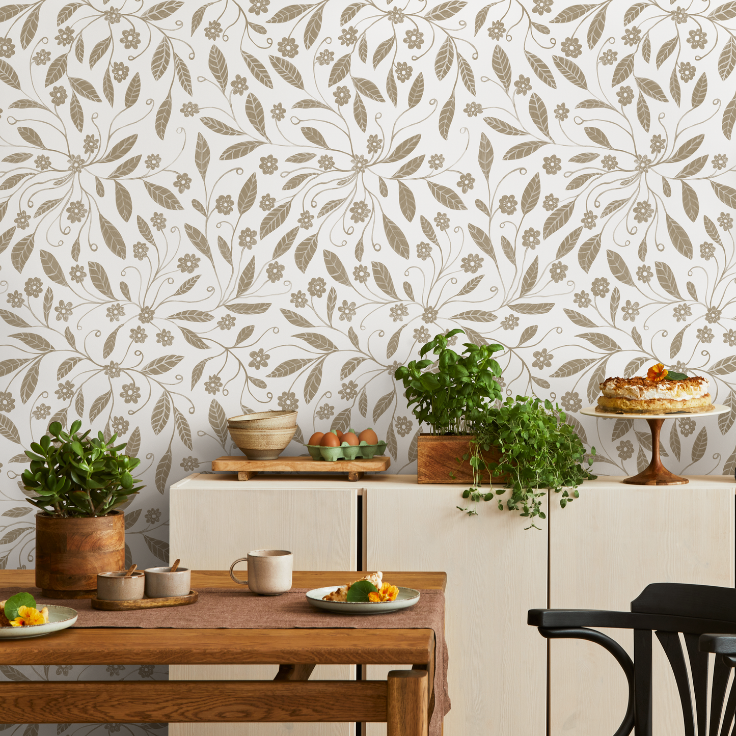 Beige Floral Garden Wallpaper / Peel and Stick Wallpaper Removable Wallpaper Home Decor Wall Art Wall Decor Room Decor - C968