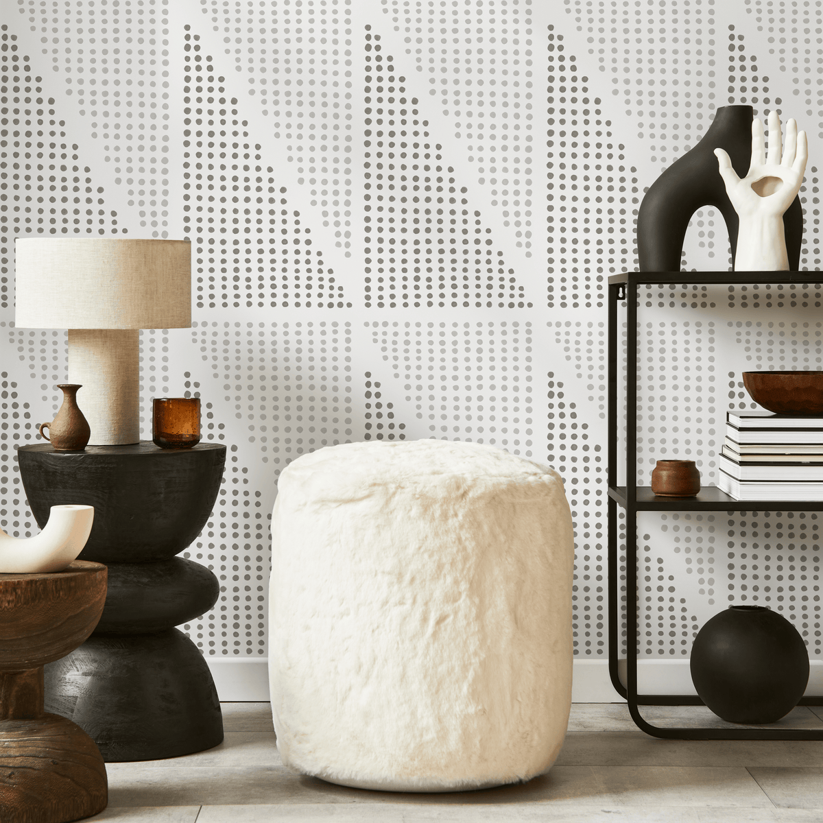 Minimalist Dotted Triangle Geometric Wallpaper in Shades of Greige - detail view