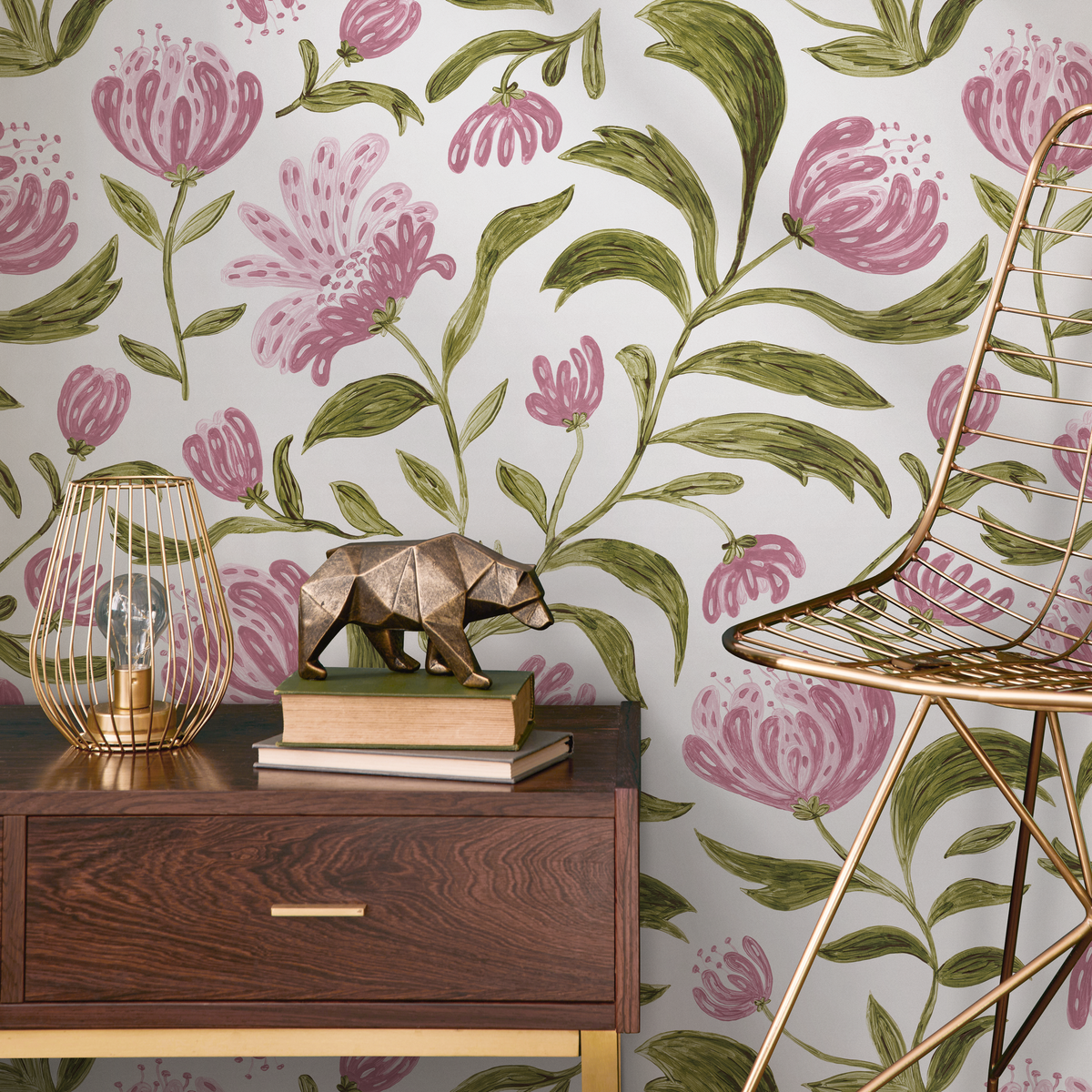 Floral Wallpaper Featuring Hand-Painted Blooms in Pink and Green - detail view